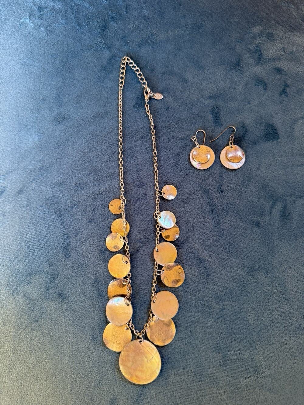 VTG Shell Necklace & Earrings Set silver tone abalone look Beachy Cruise Resort